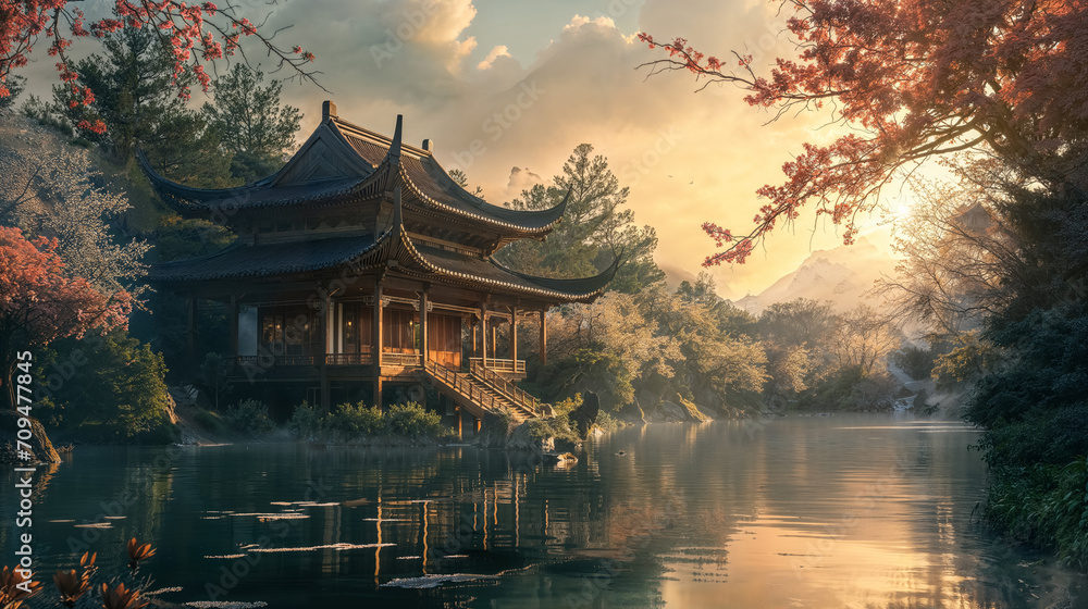 Tranquil pavilion by a misty lake at sunrise. Tranquil pavilion by a misty lake at sunrise.
