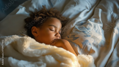 Child sleeping peacefully under a fluffy blanket. photo