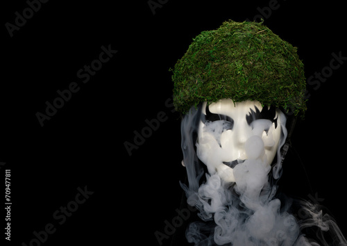 Smoking mask with moss helmet and scary face photo