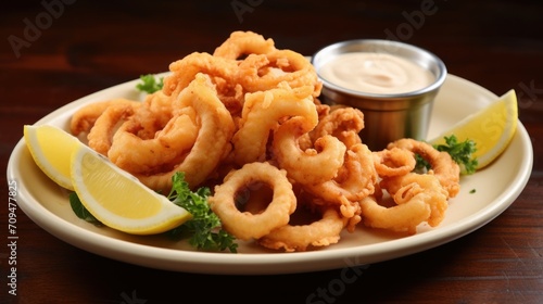 Delicious and greasy fried calamari with a zesty lemon aioli dipping sauce