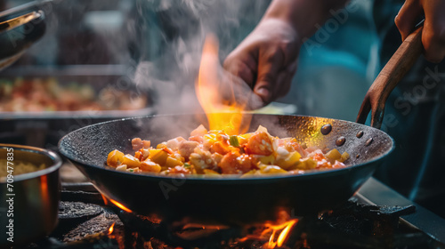 Fiery cooking in a pan at a restaurant.