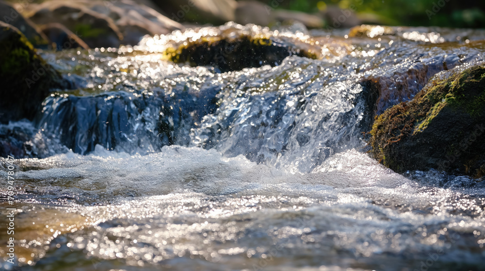 Sunlit stream over forest rocks. Sunlit stream over forest rocks.
