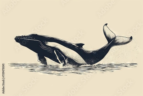 Minimal beautiful drawn diving whale. Vintage retro vibes. Birth Card inspiration.