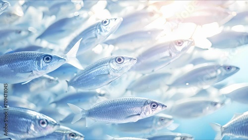 Closeup of a school of silver fish swarming together in perfect unison.