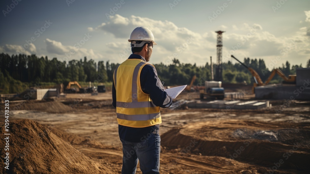Fototapeta premium Engineer inspecting construction site for quality control.