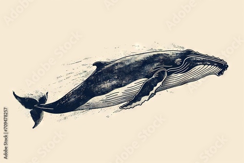 Minimal beautiful drawn diving whale. Vintage retro vibes. Birth Card inspiration.