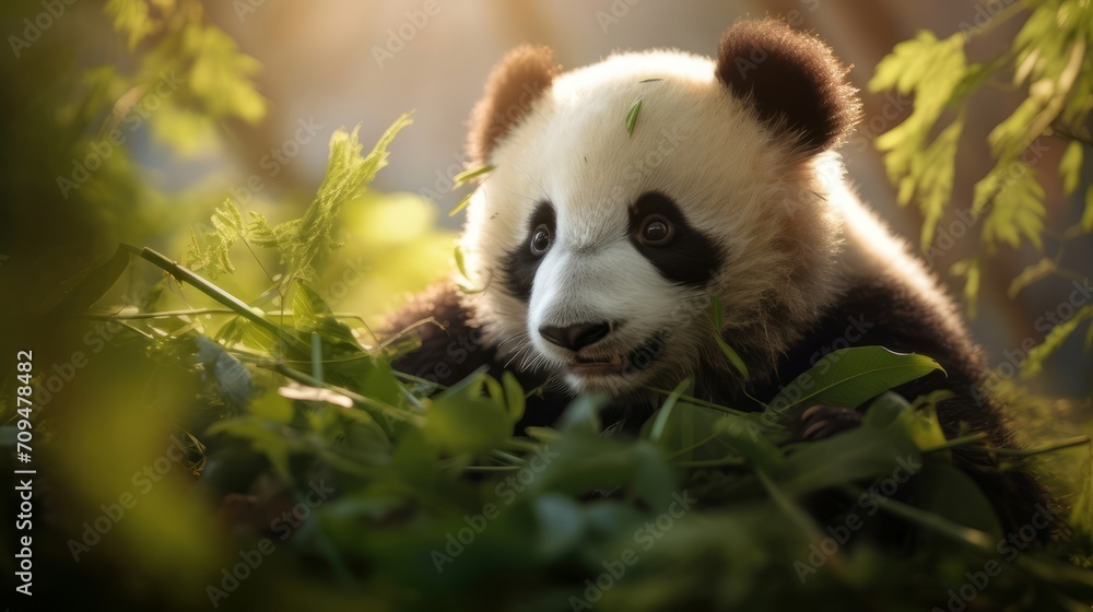 Obraz premium Cute panda bear relaxing in the lush green grass