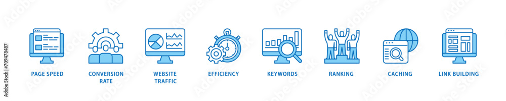 Website optimization icon set flow process which consists of page speed, conversion rate, website traffic, efficiency, keywords, ranking, caching  icon live stroke and easy to edit 