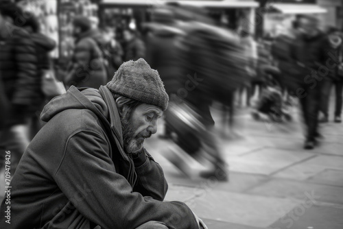 An unemployed man sat sadly on a pedestrian street with many people passing by