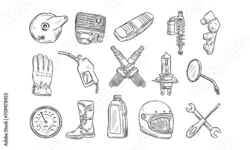 motorcycle spare parts handdrawn collection