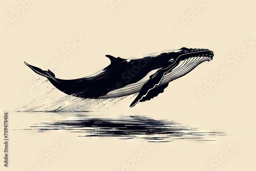 Minimal beautiful drawn diving whale. Vintage retro vibes. Birth Card inspiration.