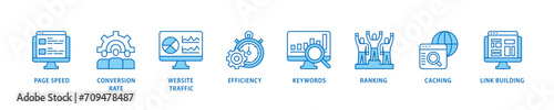 Website optimization icon set flow process which consists of page speed, conversion rate, website traffic, efficiency, keywords, ranking, caching  icon live stroke and easy to edit  photo