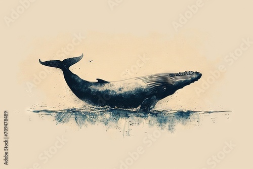 Minimal beautiful drawn diving whale. Vintage retro vibes. Birth Card inspiration.