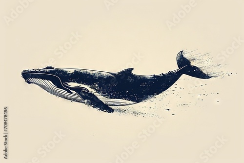 Minimal beautiful drawn diving whale. Vintage retro vibes. Birth Card inspiration.