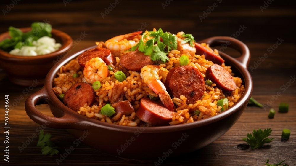 Greasy and flavorful jambalaya with a spicy mixture of rice, sausage, and seafood