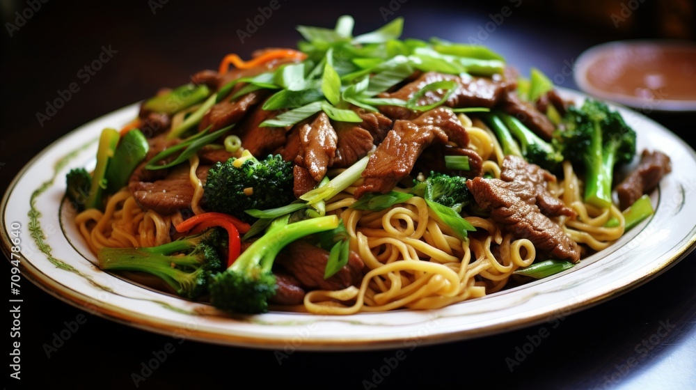 Greasy and mouthwatering beef and broccoli lo mein with tender beef, vegetables, and a savory sauce Greasy and mouthwatering beef and broccoli lo mein with tender beef, vegetables, and a savory sauce