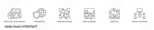 AI icon set flow process which consists of cybernetics, problem solving, deep learning, machine learning, robotics and neural network icon live stroke and easy to edit 