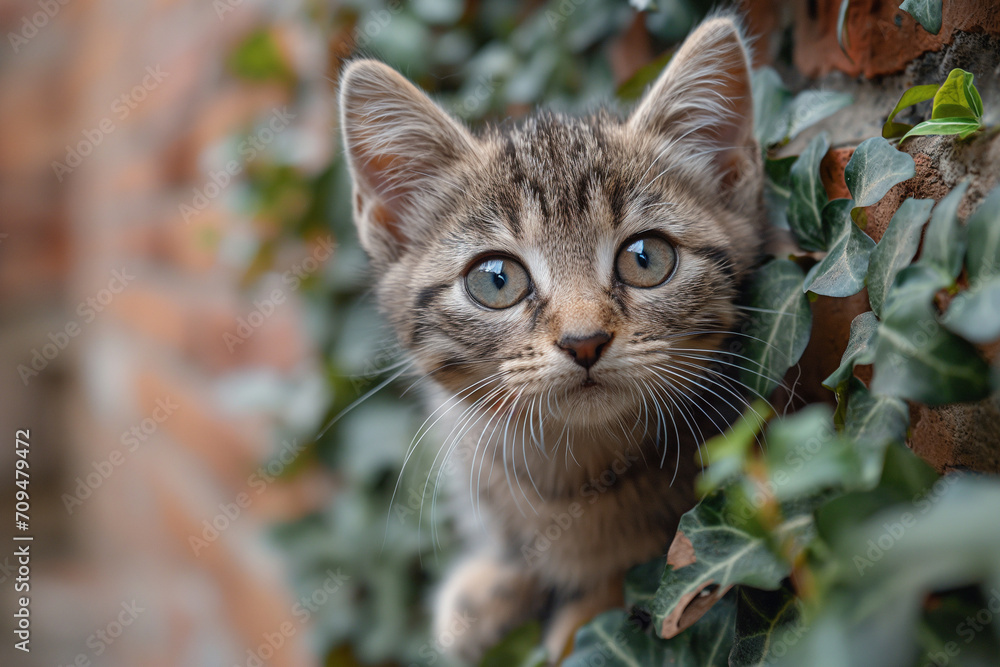 Portrait of cute little kitten in a sunny summer garden.