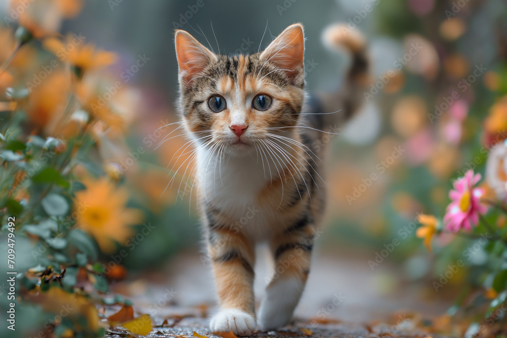Portrait of cute little kitten walking in a sunny summer garden.
