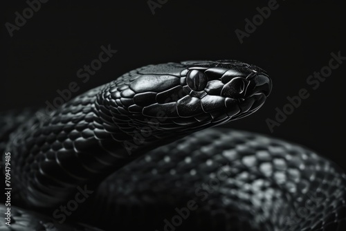 A snake is displayed against a dark backdrop, showcasing its body, fangs, and skin.