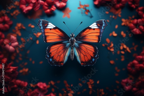 A butterfly rests atop a flower bed, set against a contrasting backdrop. © Duka Mer