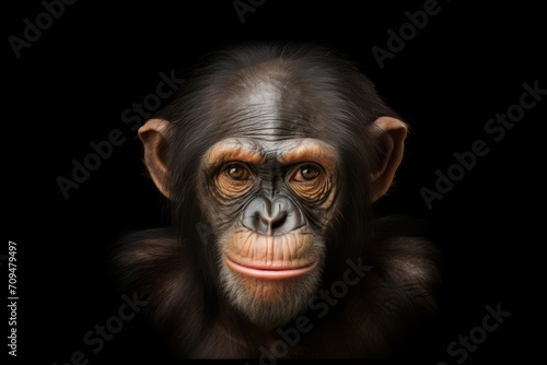 A detailed portrait of a chimpanzee's face is set against a dark background. © Duka Mer
