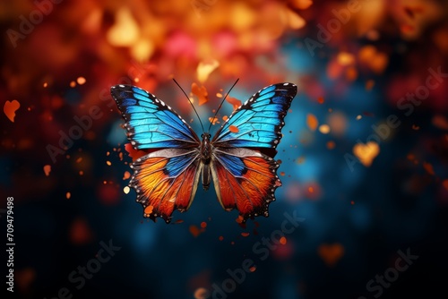 A butterfly of blue and orange hues is seen fluttering in the air.