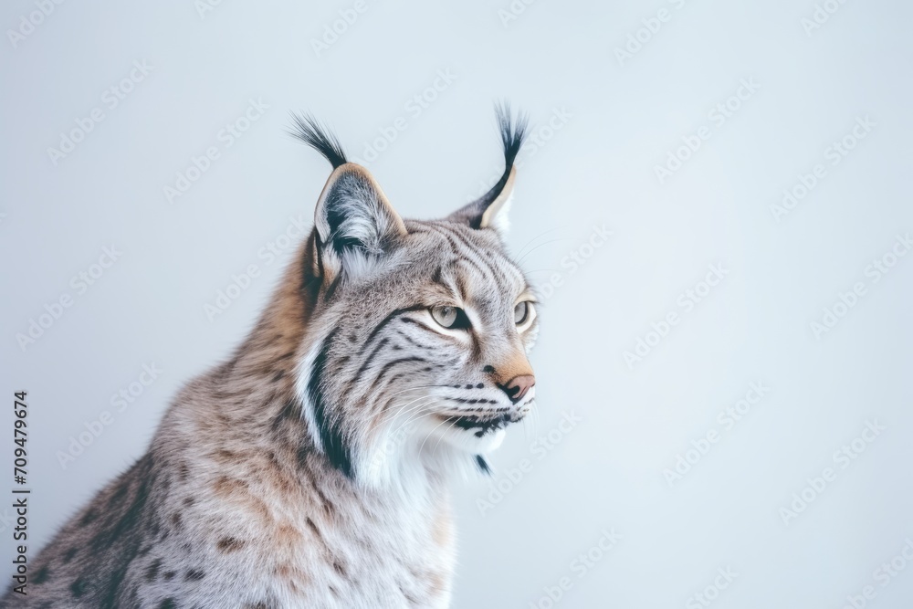 Obraz premium A lynx is seen against a white backdrop, its wild nature and pointy ears evident.