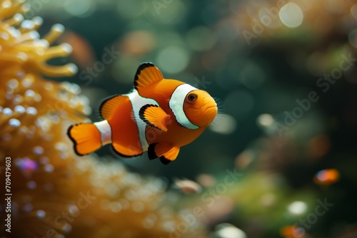 A clown fish is seen in an aquarium, its glow reminiscent of the ocean's depths.
