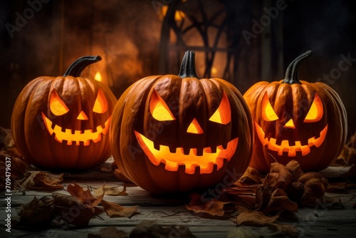 Jack-o'-lanterns glowing in the dark. Halloween horror background