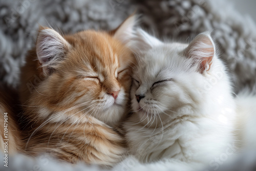 Portrait of two cute little persian kitten sitting on blanket in bedroom