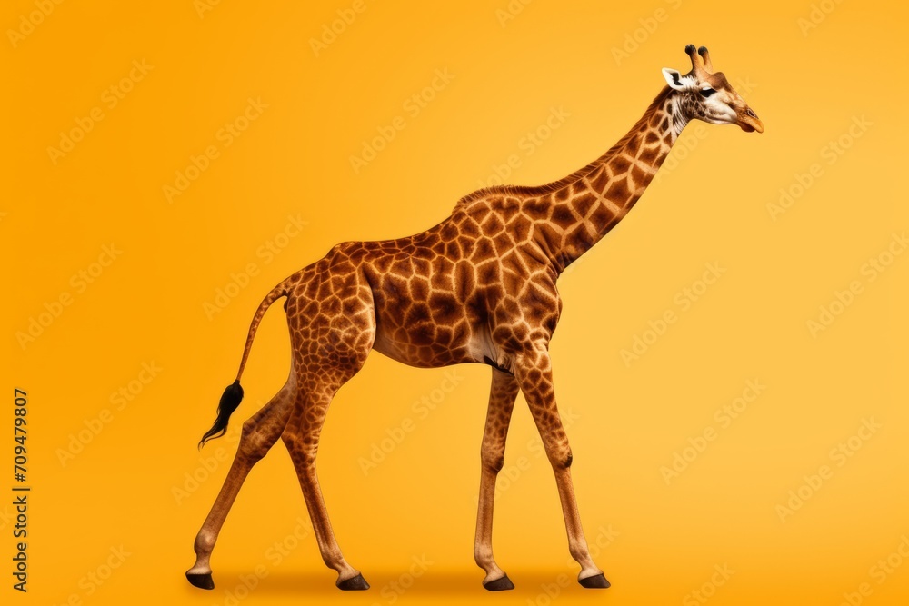 Naklejka premium A giraffe is seen walking across a yellow background, its long neck and body on display.