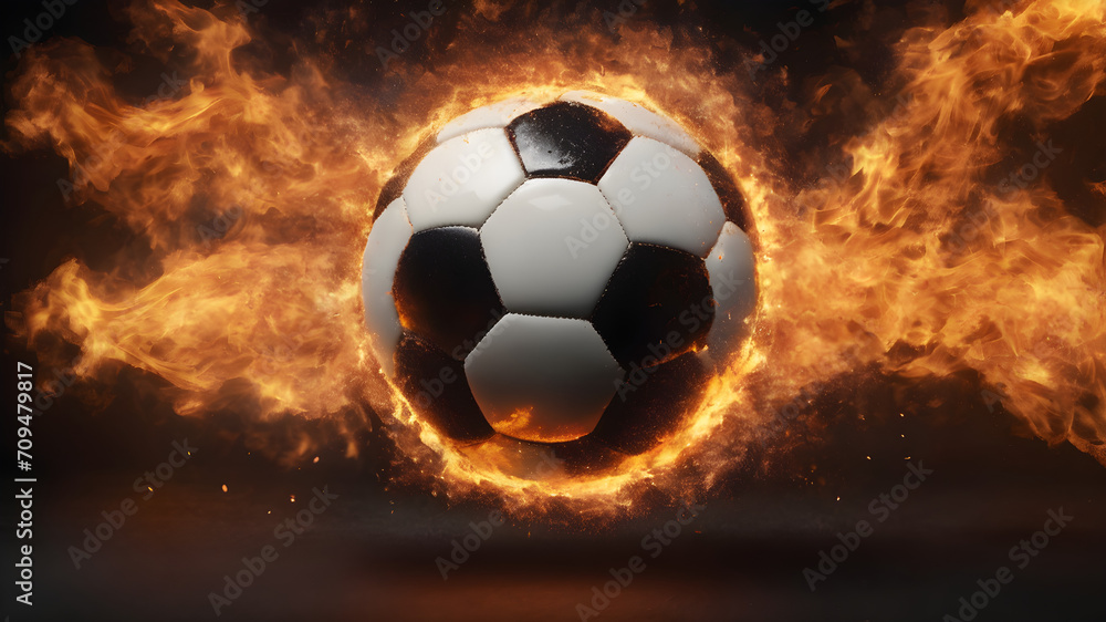 Burning soccer ball. Fire embers particles over black background. Fire sparks background