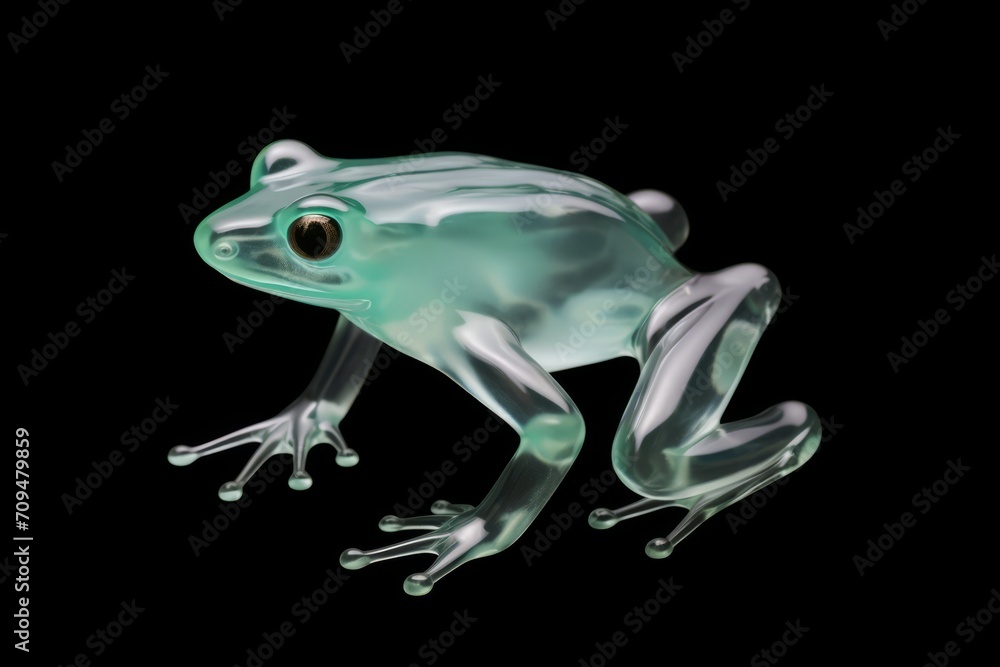 Fototapeta premium A glass frog is seen sitting on a black surface, its beauty evident.