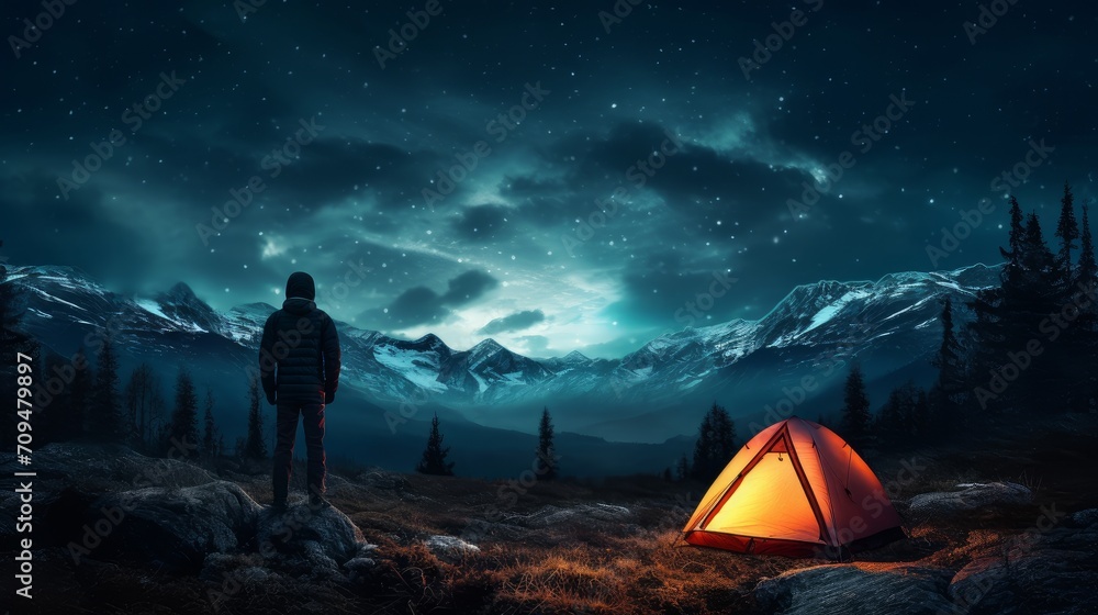 Man conquering fear of darkness by camping alone in the wilderness.