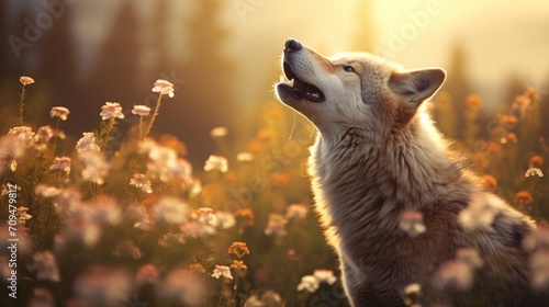 Majestic image of a wolf howling in a field of wildflowers, blending nature's beauty with the raw power of the wolf's call