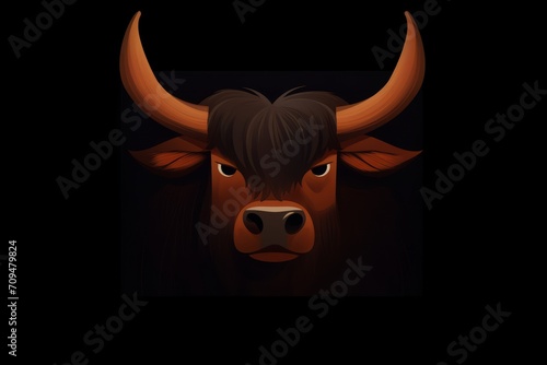 A bull's face, similar to an ox�s, is presented against a black background. photo