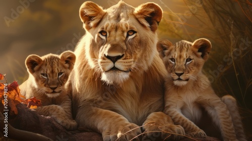 Pride of lions resting together in the wild