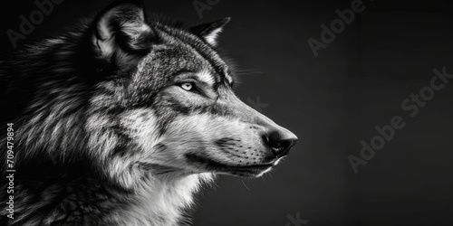 A wolf's portrait is seen in a black and white photo, its dark grey form striking.