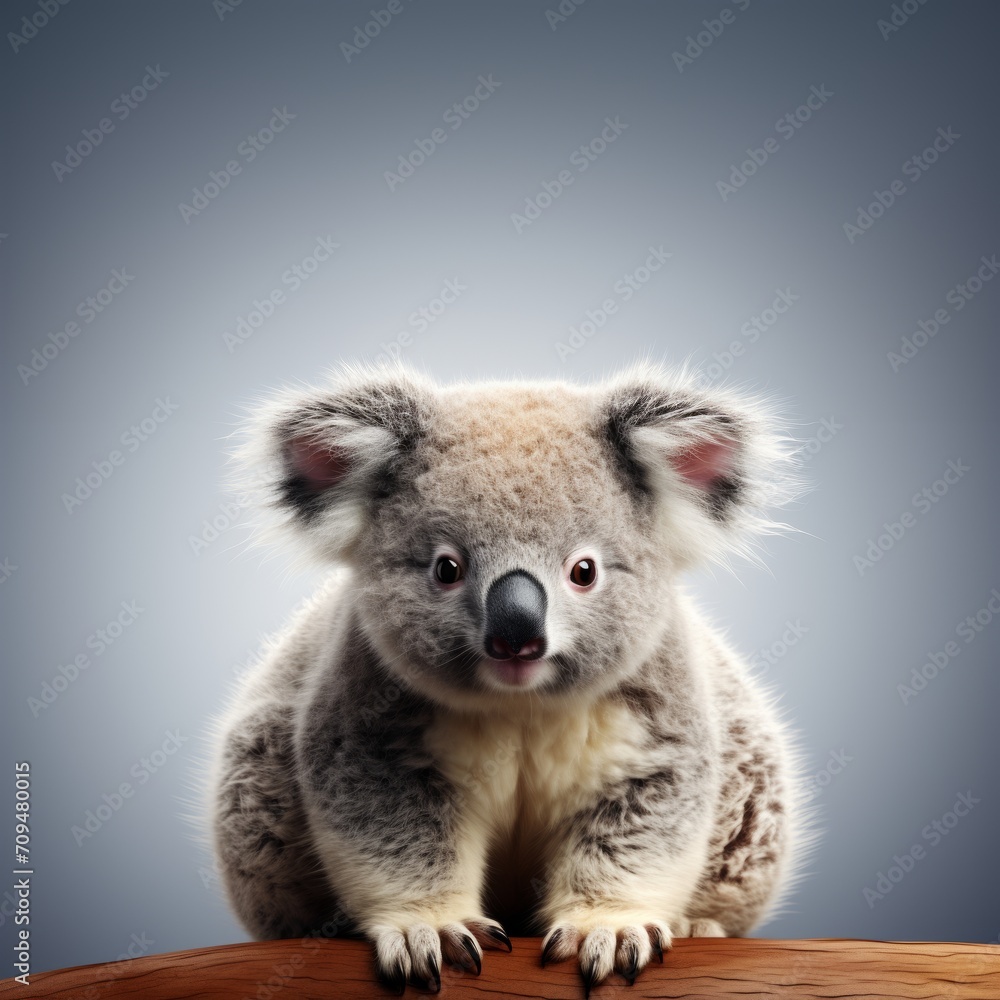 Fototapeta premium A cute koala bear is seen sitting on a wooden table.