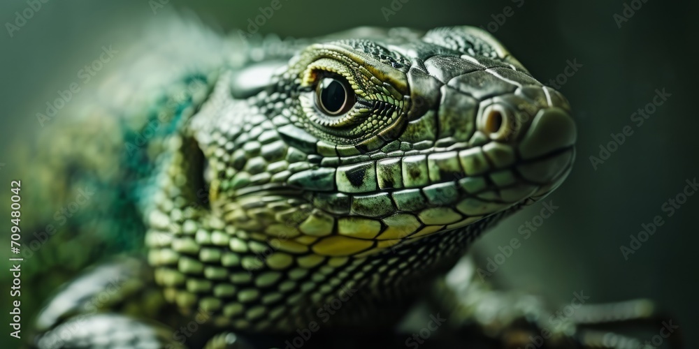 An iguana's face is seen, its green scales and reptilian features set against a blurry background.