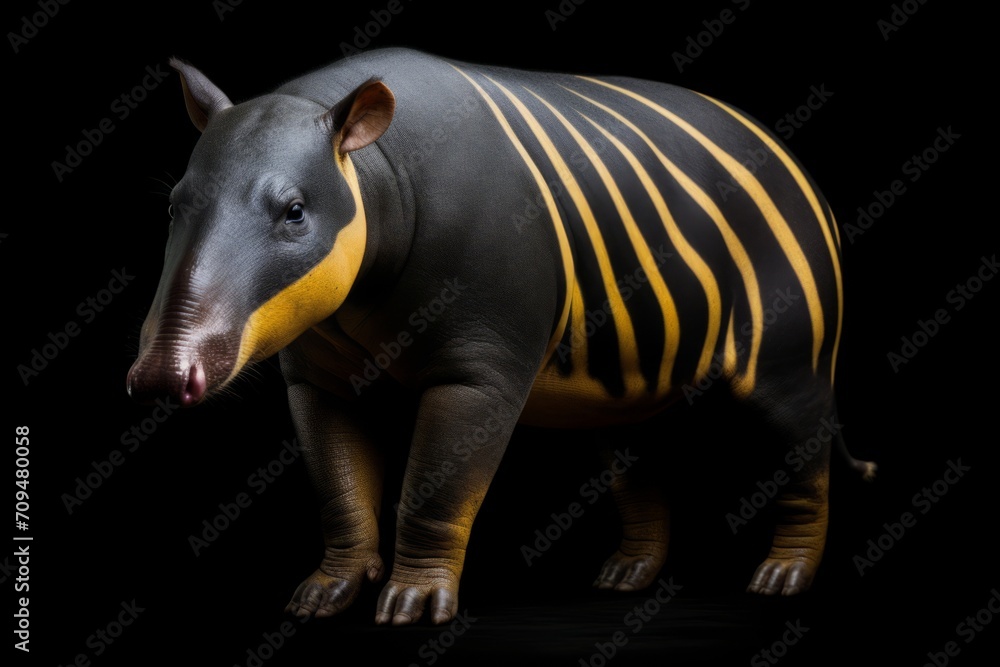 Obraz premium A fake animal, resembling a tapir, is seen against a black background, its bizarre hybrid form detailed.