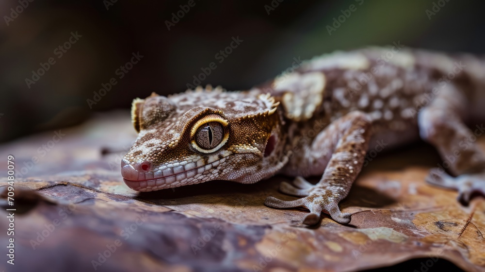 Naklejka premium A gecko is seen on a leaf, its mottled coloring captured as it sits inside a terrarium.