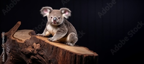 A koala is seen sitting on a tree stump, surrounded by eucalyptus. © Duka Mer