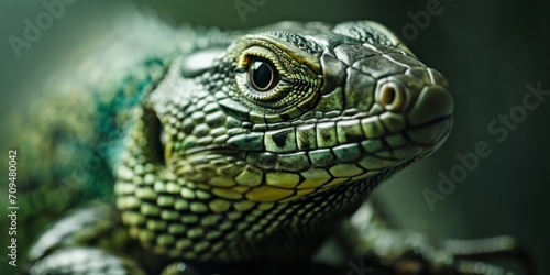 An iguana's face is seen, its green scales and reptilian features set against a blurry background.
