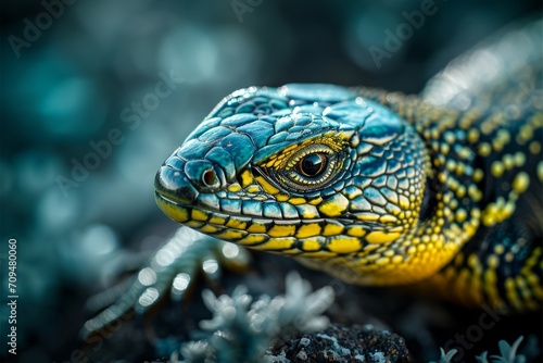 A lizard is seen on a rock, its blue and yellow coloring and reptilian face captured in a close-up shot.