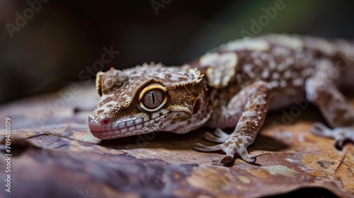 A gecko is seen on a leaf  its mottled coloring captured as it sits inside a terrarium.