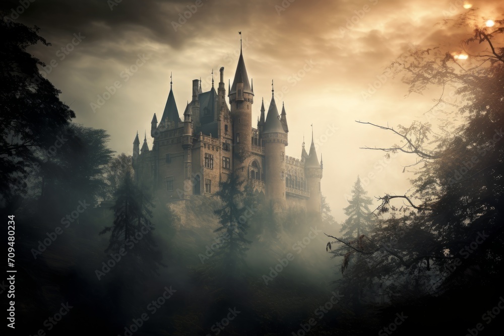 Mysterious fog enveloping a haunted castle. Halloween spooky background