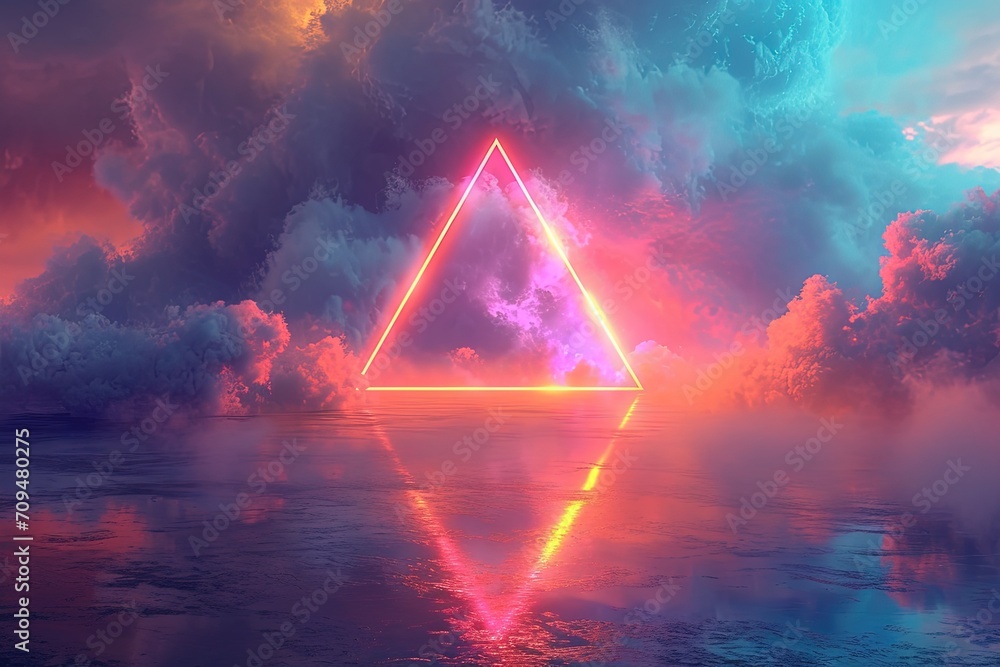 Neon colored rainbow triangle in the sky with clouds. Retro vaporwave vibes.