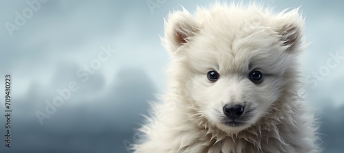 A white dog, with blue eyes and fluffy fur, is seen, its cuteness evident.